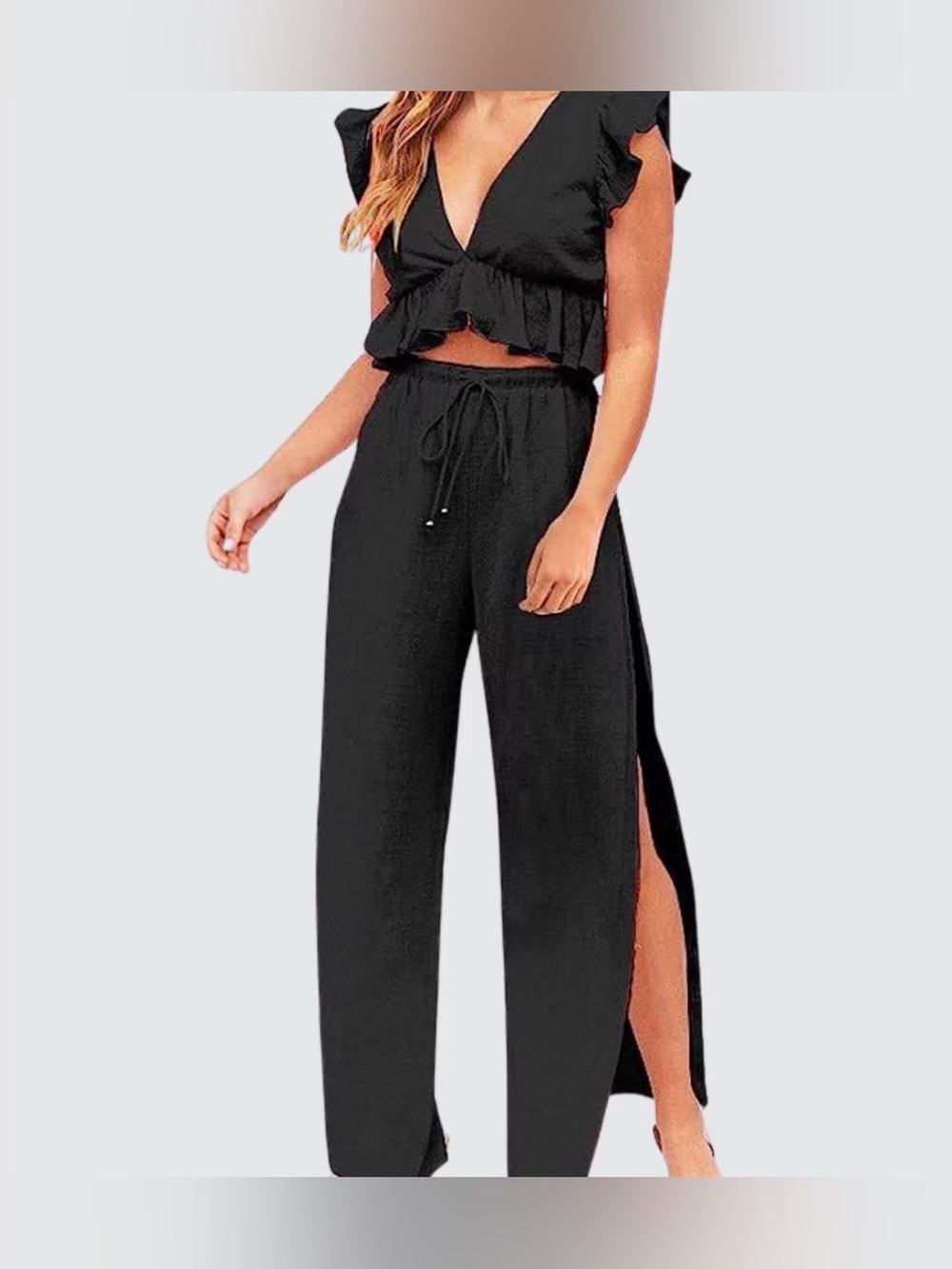 V Neck Ruffle Crop Top w/ Wide Leg Pants 2 Piece Set 🖤